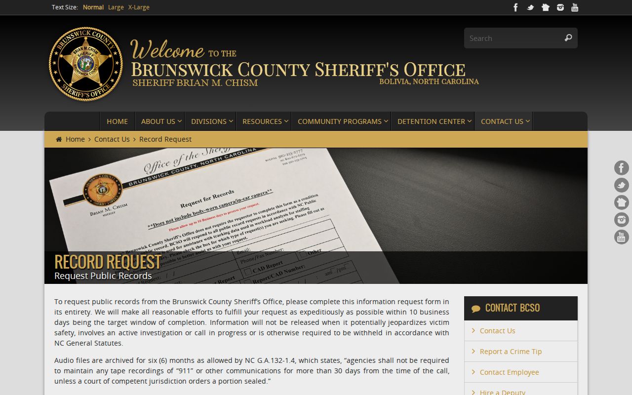Leland criminal history Brunswick sheriff records request form