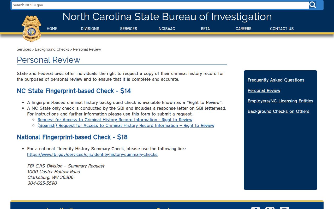 Brunswick County criminal history NCSBI Right to Review instructions